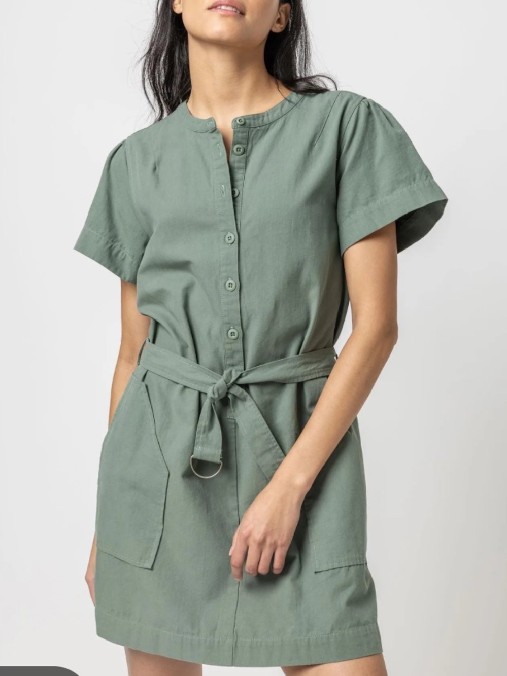 Lilla P Olive Green Short Sleeve Button-Front Dress with Belt